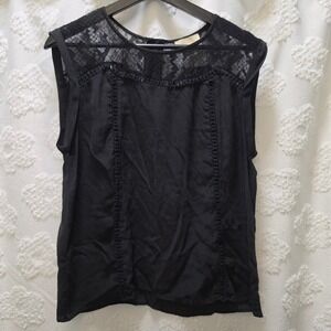 THE Korner Black 100% Silk Lace Yoke Sleeveless Blouse Top Size Medium